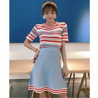 Set: Striped Short-sleeve Knit Top + A-line Knit Skirt