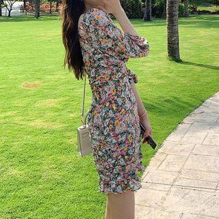 Flower Print Elbow-sleeve Mini Sheath Dress