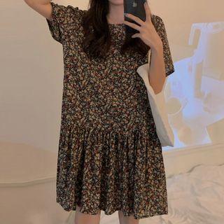 Flower Print Short-sleeve Shift Dress Flower Print - Black - One Size