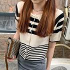 Short-sleeve Striped Cropped Cardigan Stripe - Black & Beige - One Size