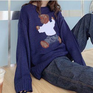 Bear Print Sweater Navy Blue - One Size
