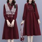 Set: Puff-sleeve Shirtdress + Patterned Sweater Vest