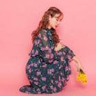 Key Hole-back Elastic-waist Floral-pattern Dress