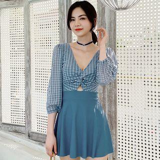 3/4-sleeve Plaid Panel Swimdress