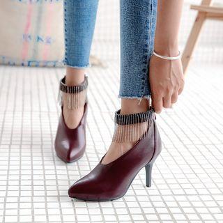 Fringed Ankle Strap Kitten Heel Pumps