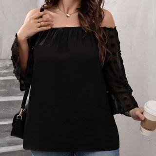 Plus Size Off-shoulder Dotted Mesh Top