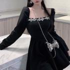 Square Neck Rhinestone Mini A-line Dress