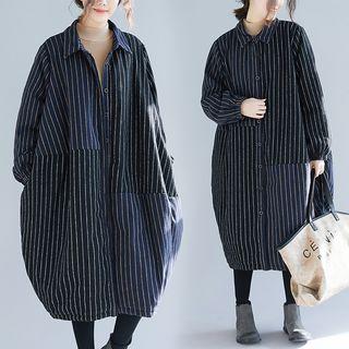 Striped Padded Long Jacket Navy Blue - One Size