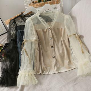 V-neck Mesh Ruffle Bow Blouse