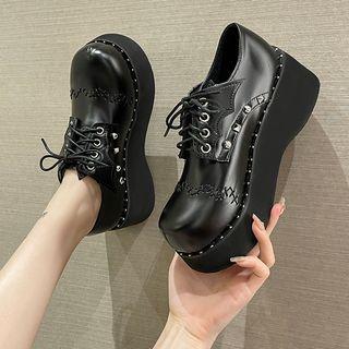 Studded Lace-up Faux Leather Platform Shoes