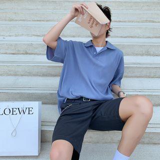 Elbow-sleeve Ribbed Polo Shirt