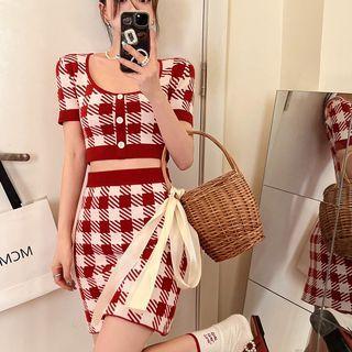 Short-sleeve Plaid Crop Top / Mini Pencil Skirt