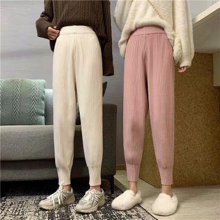 High-waist Plain Straight-cut Knit Pants