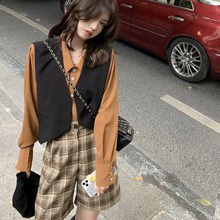 Set: Long Sleeve Plain Shirt + Vest + Plaid A-line Shorts
