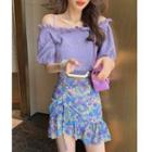 Cold-shoulder Crinkled Cropped Blouse / Mini A-line Skirt