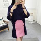 Set: 3/4-sleeve Sweater + Two-tone Knit Skirt