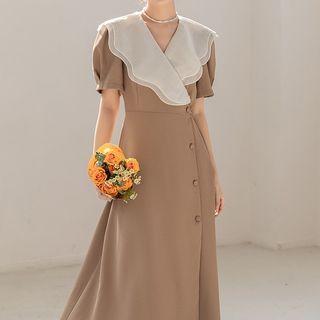 Puff-sleeve Scallop Trim Midi A-line Dress