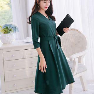 3/4-sleeved Wrapped A-line Midi Dress With Sash