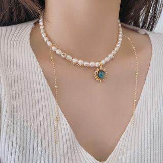 Faux Pearl Sun Choker Necklace Graysih Blue Faux Pearl - White - One Size