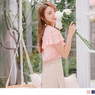 Crochet Applique Ruffle Trim Chiffon Top