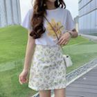 Set: Printed T-shirt + Floral Printed Mini Skirt Top - White / Floral - Skirt - One Size