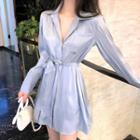 Long-sleeve Satin Mini A-line Shirt Dress Light Blue - One Size