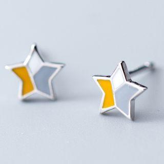 925 Sterling Silver Color Panel Star Ear Stud 1 Pair - S925 Silver - Star - Yellow & Gray & White - One Size