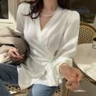 Puff-sleeve Buckle-trim Stain Wrap Blouse