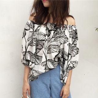 Off-shoulder Print Elbow-sleeve T-shirt