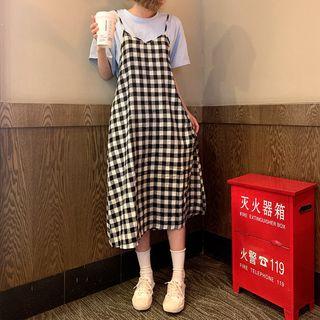 Short-sleeve T-shirt / Spaghetti Strap Plaid A-line Midi Dress