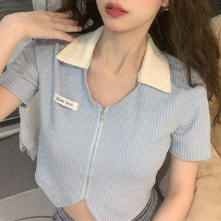 Short-sleeve Collar Zip-up Knit Crop Top