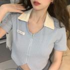 Short-sleeve Collar Zip-up Knit Crop Top