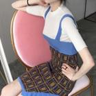 Mock Neck Short-sleeve Knit Top / Color Block Knitted Pinafore Dress