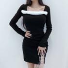 Long-sleeve Fluffy Trim Lace-up Mini Bodycon Dress
