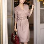 Long-sleeve V-neck Tie-waist Midi Sheath Dress