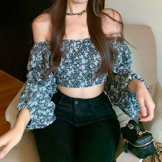 Off-shoulder Floral Chiffon Blouse As Shown In Figure - One Size