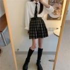 Long-sleeve Shirt + Woolen High-waist Pleated Mini Skirt