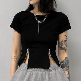 Short-sleeve Round Neck Zip Front Crop Top Black - One Size