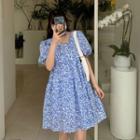 Short-sleeve Print A-line Dress Blue Floral - White - One Size