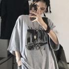 Printed Oversize Elbow-sleeve T-shirt Light Gray - One Size