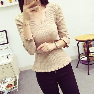 V-neck Frilled Knit Top