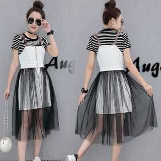 Set: Stripe Short-sleeve T-shirt + Spaghetti Strap Dress