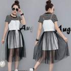 Set: Stripe Short-sleeve T-shirt + Spaghetti Strap Dress