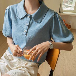 Puff-sleeve Half-placket Denim Blouse Light Blue - One Size