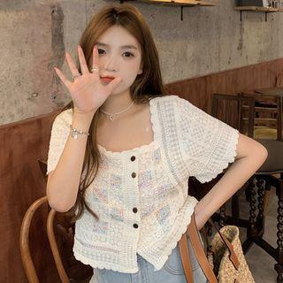 Short-sleeve Square Neck Button-up Lace Cropped Blouse