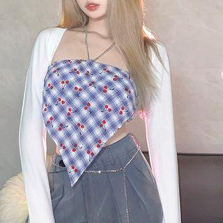 Set: Plaid Cherry Print Tube Top + Shrug