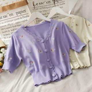 Embroidered Button-down Knit Top