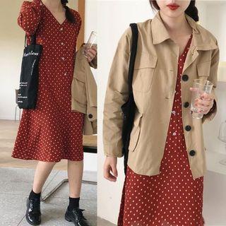 Buttoned Jacket / Dotted Long-sleeve Midi Dress