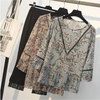 Set: Printed Chiffon Blouse + Cropped Pants