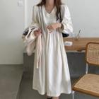 Puff-sleeve Embroidered Trim Midi A-line Dress